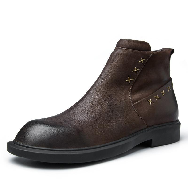 Casual Chelsea Boots Men'S Medium Help Tooling Short Boots British Retro Leather Martin Boots Versatile Cowhide Boots Men'S