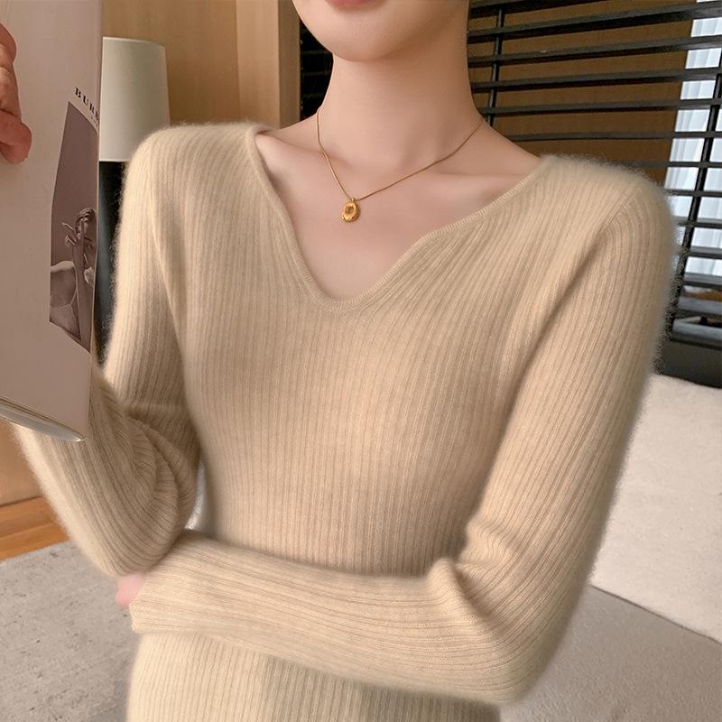 Women's Slimming Ribbed Wool V-neck Cashmere Sweater: Solid Color, Long Sleeve, Casual Knitwear