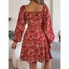 Square Collar Floral Printed Fashion Loose Dress Casual Sexy Lace Up Long Sleeve A-line Party Short Dress Elegant Spring Summer Lace-up Slim Fit Sweet