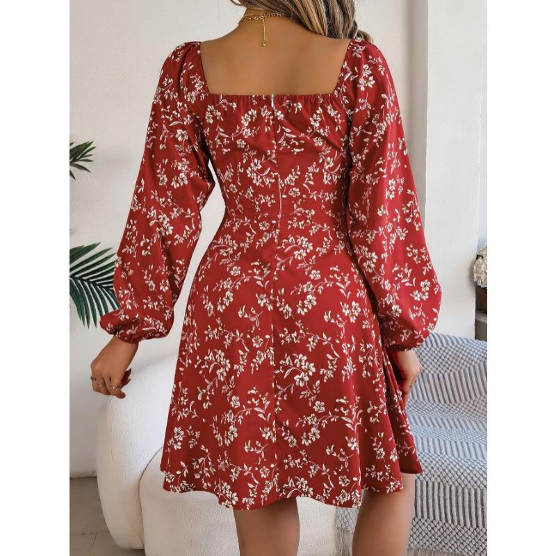 Square Collar Floral Printed Fashion Loose Dress Casual Sexy Lace Up Long Sleeve A-line Party Short Dress Elegant Spring Summer Lace-up Slim Fit Sweet