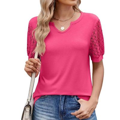 Women Loose Fashion Short Sleeve V Neck Solid Color Lace Tshirt Spring Summer New
