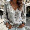Yousheng Women Tops Retro Floral Print Puff Long Sleeve Shirt V-neck Loose Fit Casual Blouse Breathable Daily Wear