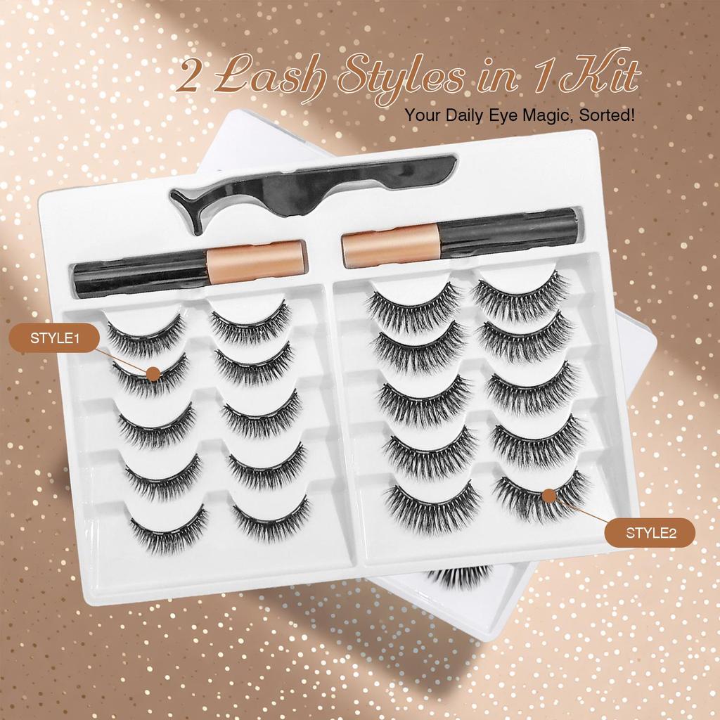 Magnetic Eyelash Curling Set with Glue-Free False Lashes - 10 Pairs Mixed