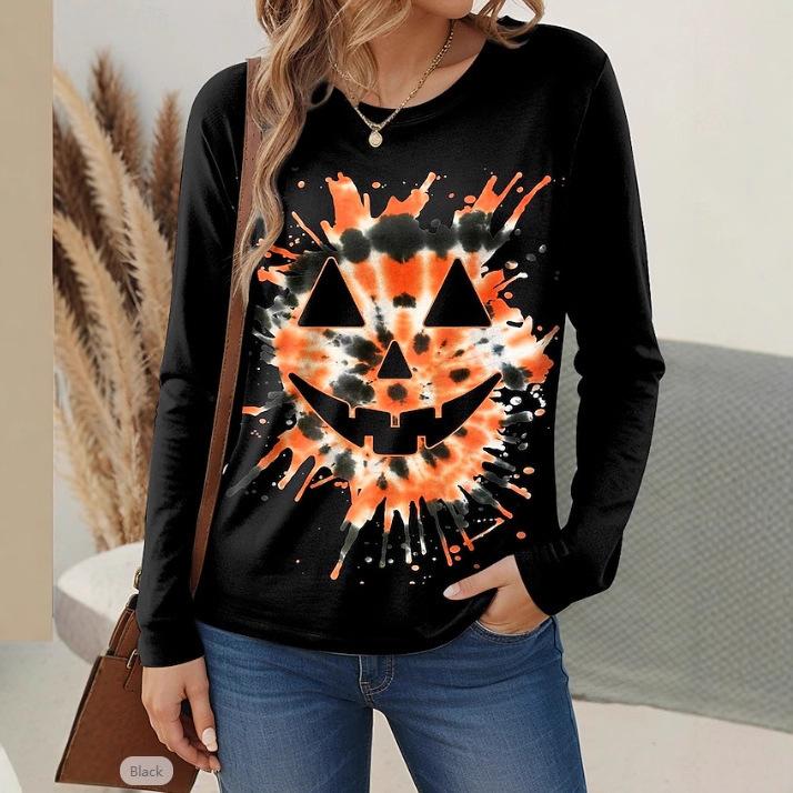 Spring and Autumn Round Neck 3D Halloween Printed Top Fashionable Casual Long Sleeved Women's T-shirts