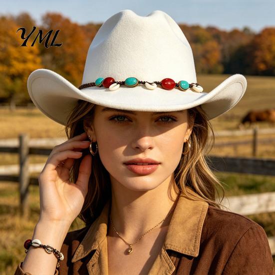 Wide Brim Felt Hat Wool Fedora, Unisex Western Cowboy Hat, Retro Sun Protection Fall Cowgirl Jazz for Women Men Autumn Winter Large Face Slimming