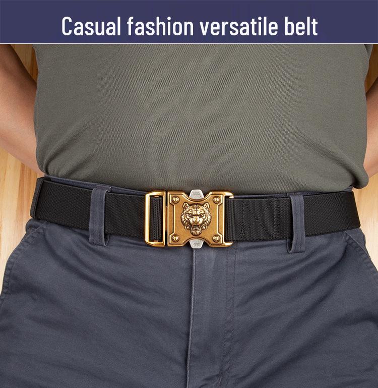 Men's Business Casual Tactical Belt with Tiger Head Buckle - Customizable Logo, Light Luxury Design.