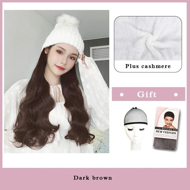 Wig Female Long Hair with Hat Wig One Female Summer Natural Full Head Style Fashion Net Red Trend Long Curly Hair