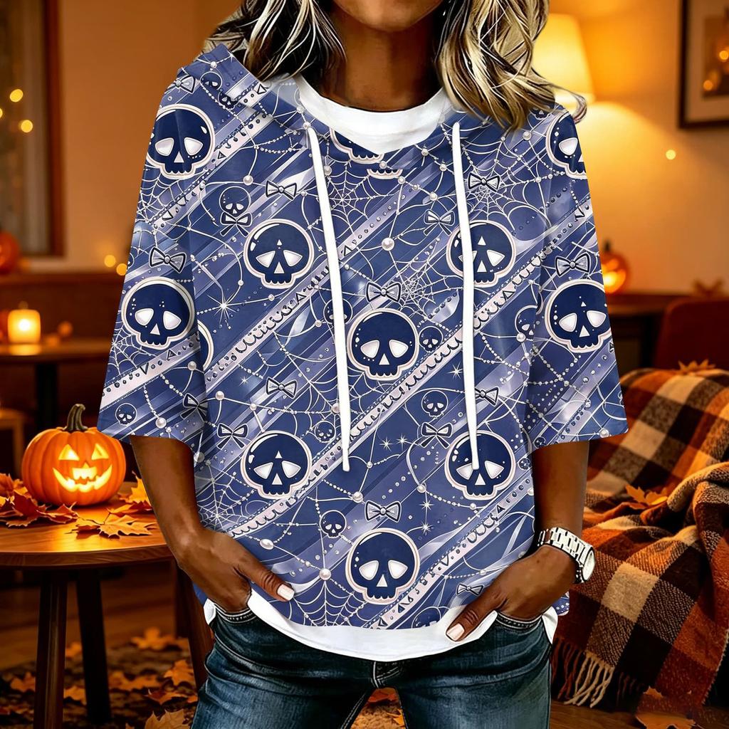Women's Halloween Print Casual Loose Fit Hooded Top with and Three-Quarter Sleeves