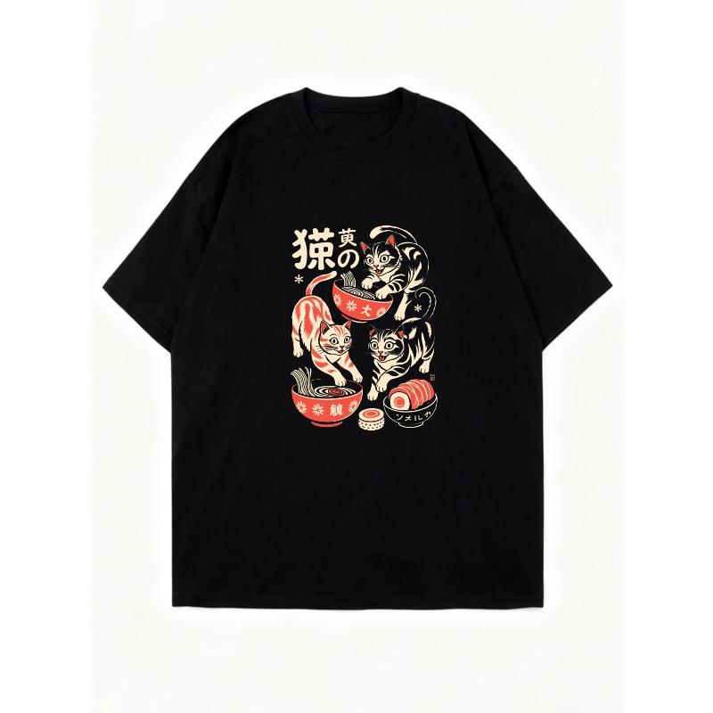 Übergroßes T-Shirt Schwarze Katzen essen Ramen und Sushi Japanischer Stil Druck für Freizeitkleidung