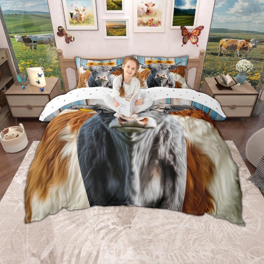 Homewish Highland Cow Duvet Cover Set, Chic Sunflower Bedding Set, Retro Farmhouse Lodge Cabin Quilt Cover Set
