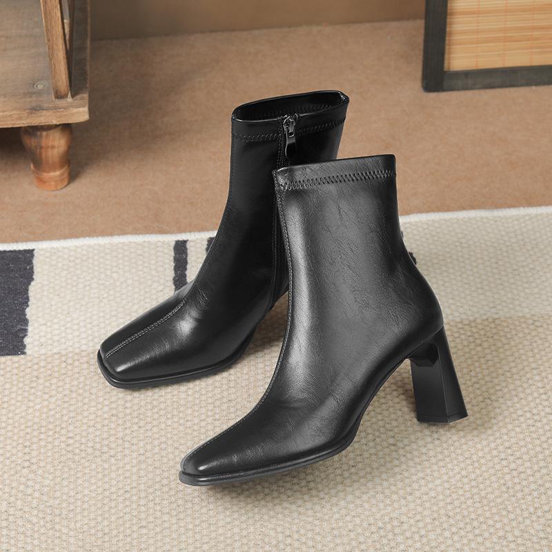 Ankola Red Simple Versatile Coarse Heel Short Boots Women's Head Skinny Boots Side Zipper Soft Leather Single Boots Spring and Autumn