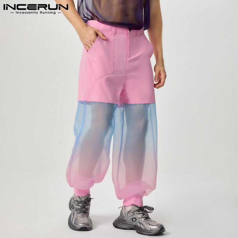 INCERUN Bărbați Degradat Tie Dye Mesh Patchwork Pantaloni Talie Înaltă Pantaloni Transparenti