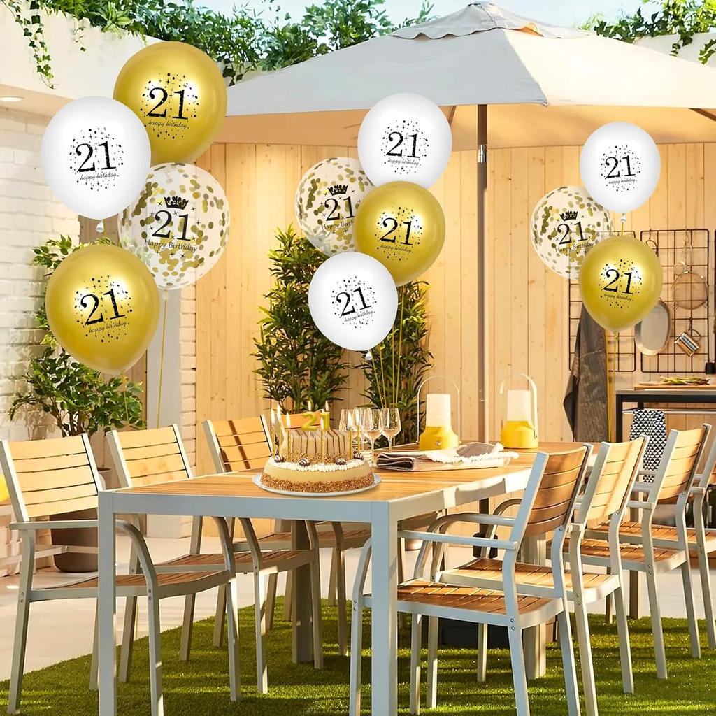 21st Birthday Balloons - 15pcs White Gold Happy Birthday Latex Balloons with Confetti for Boys & Girls 12 inch