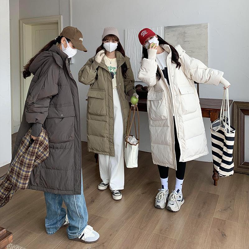 2025 Fall/Winter New Mid-length Down Padded Jacket Women's Korean Version Large Pocket Hooded Loose Thickened Cotton Jacket