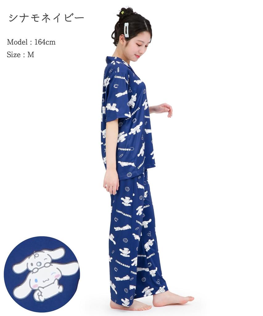 SAZAC Cinnamoroll and Milk Shirt Powder Stretch Short Sleeve and Long Pants Loungewear Pajamas, Fabric, Women's Set, (Navy/M/SAN1951)
