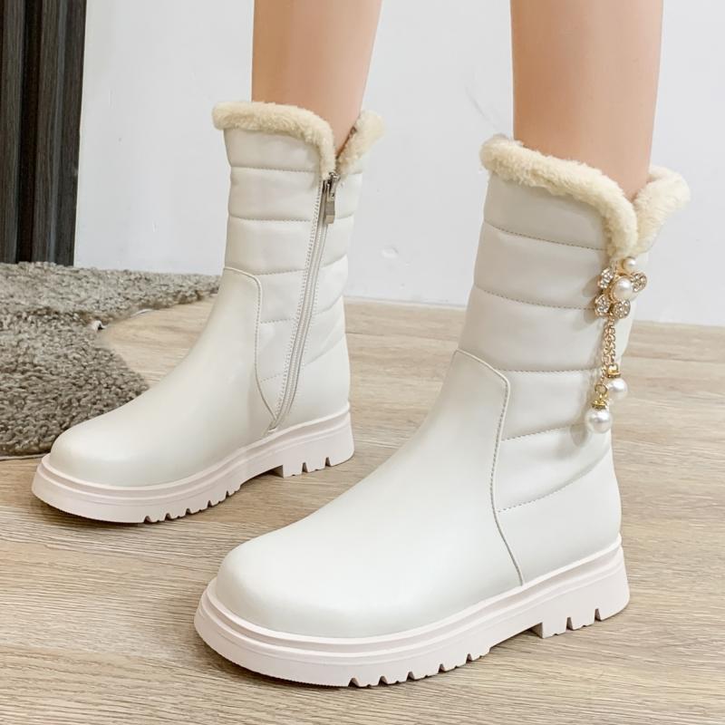 Weiße Stiefeletten für Damen 2024 Winterschuhe Schwarz Warmes Fell Schneestiefel Mädchen Niedrige Absätze Schuhe Luxus Bequem
