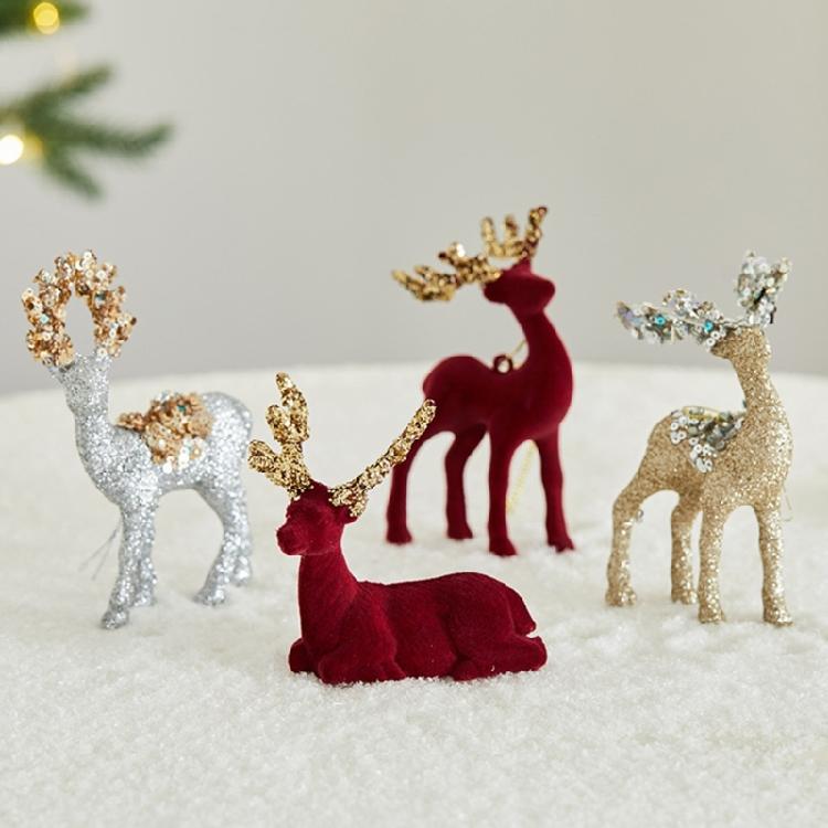 Plastic Flocking Reindeer Figurine with Sequined Ornament Festives Christmas Tabletop and Windowsill Decoration Gift