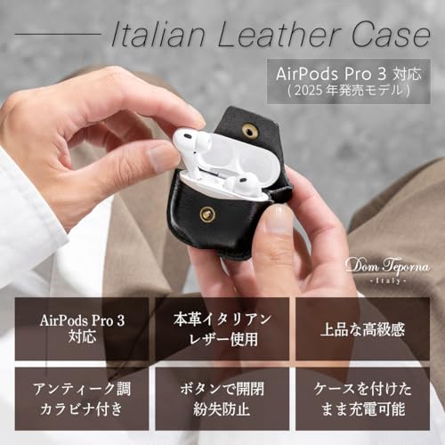 Dom Teporna AirPods Pro 3 Case, Genuine Leather Earphone Case with Full Protection and Scratch Resistance, Includes Carabiner, Charging While in Place