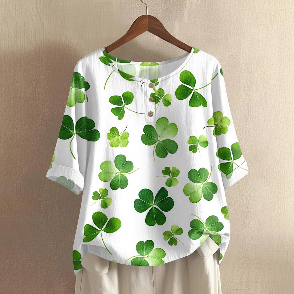 Women's Fashionable And Casual Shirt 3/4 Sleeve Round Neck Print Blouse Top