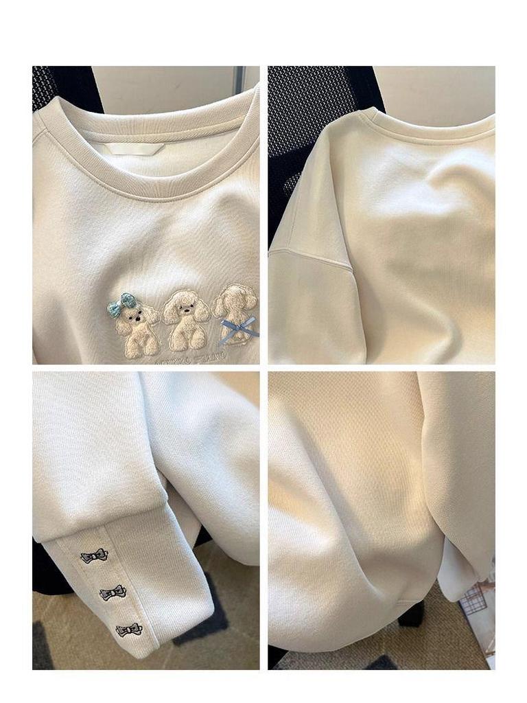 Damen Übergroßes Besticktes Welpen-Sweatshirt - Herbst/Winter 2025 Modische Lockere Passform