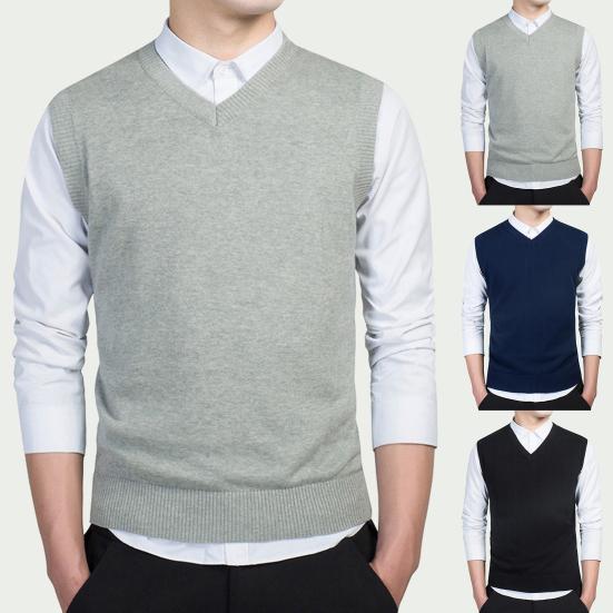 Chaleco de Punto para Hombre Otoño Invierno Color Sólido Sin Mangas Cuello en V Negocios