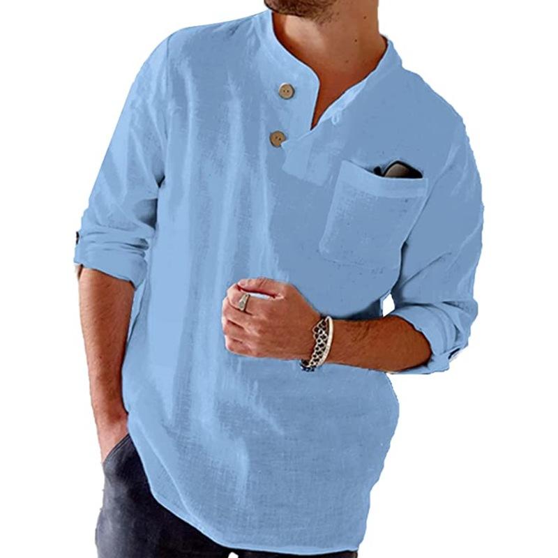 

Men s Long Sleeve Casual Shirt, Stand Collar with Chest Pocket, Slim Fit Button Down Shirt for Men, White, Light Blue, Beige, Black XXXL світло-синій колір