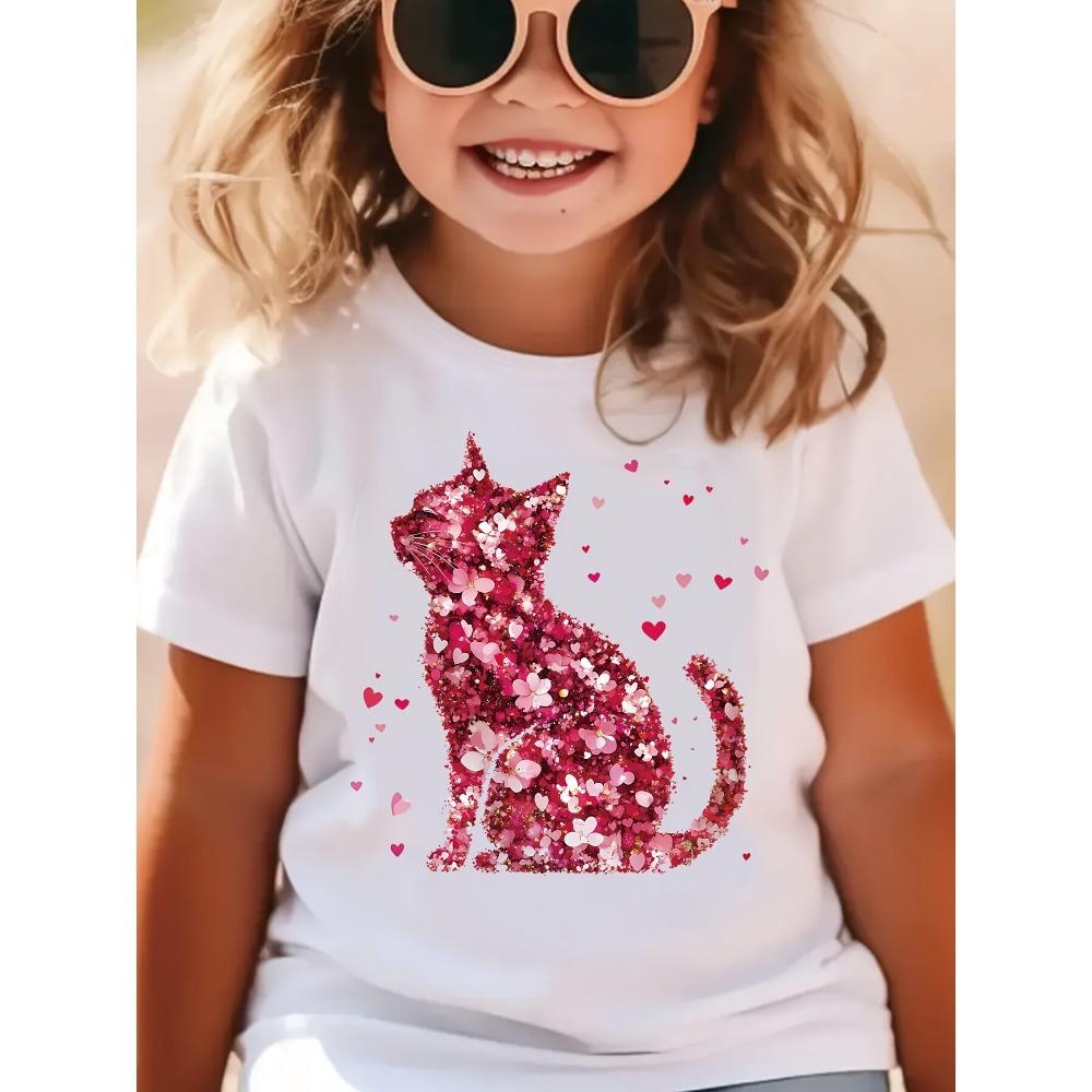 

Children s round neck cat pattern T-shirt, fashionable short-sleeved casual top, suitable for children to wear. 100