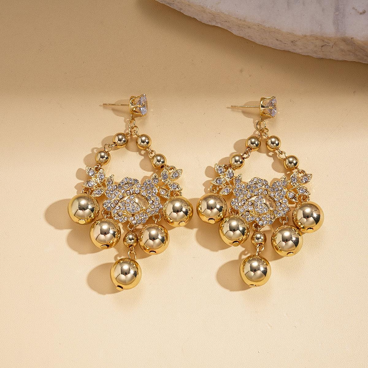 Zircon diamond-encrusted flower ball fringed silver needle earrings court temperament light luxury earrings