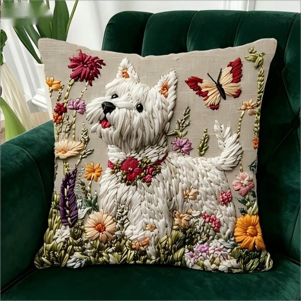 2D Westie Kissenbezug Niedlicher West Highland Terrier Mit Blumen Aufdruck Kissenhülle Für Sofa Couch Heimdekoration