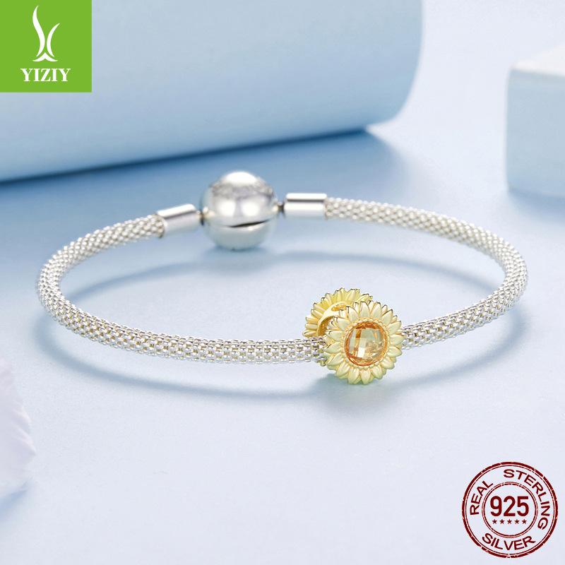 S925 Sterling Silver Plated K Gold Sunflower Beaded Sunshine Passion Sunflower Bead Accessories