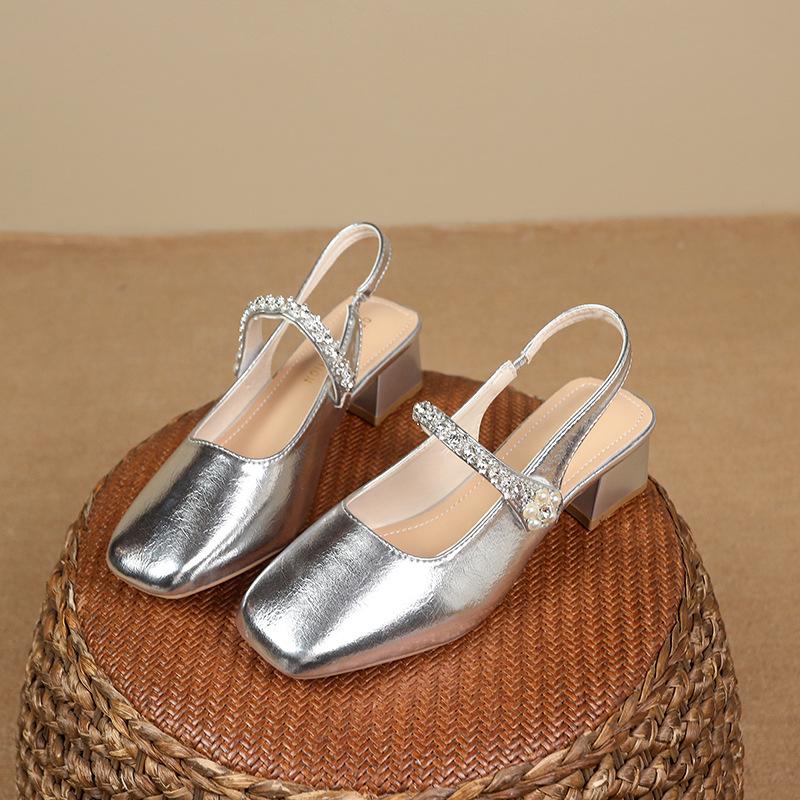 Thick heel Mary Jane bag head sandals female 2025 summer new fairy wind water diamond word with square head light mouth sandals