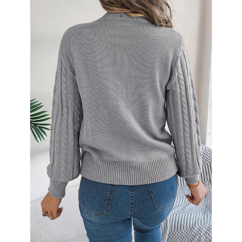 HNXC Autumn and Winter Casual Solid Color Hollowed-out Lantern Sleeve Pullover Sweater Women's Wear