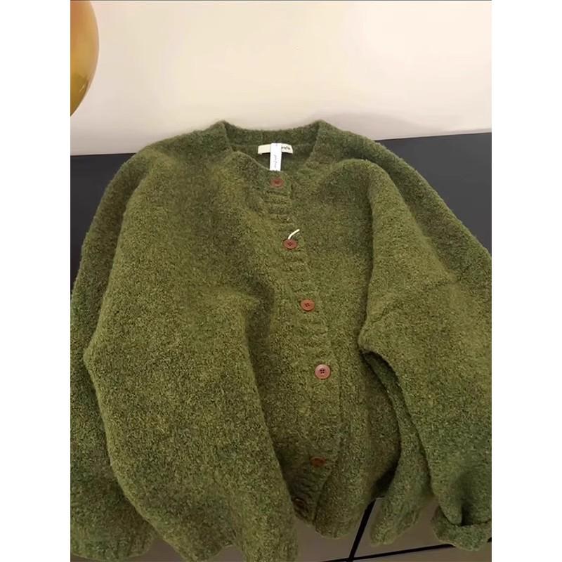 Women's Retro Avocado Green Round Neck Knit Cardigan - Soft, Loose, Thick Sweater Coat for Autumn/Winter
