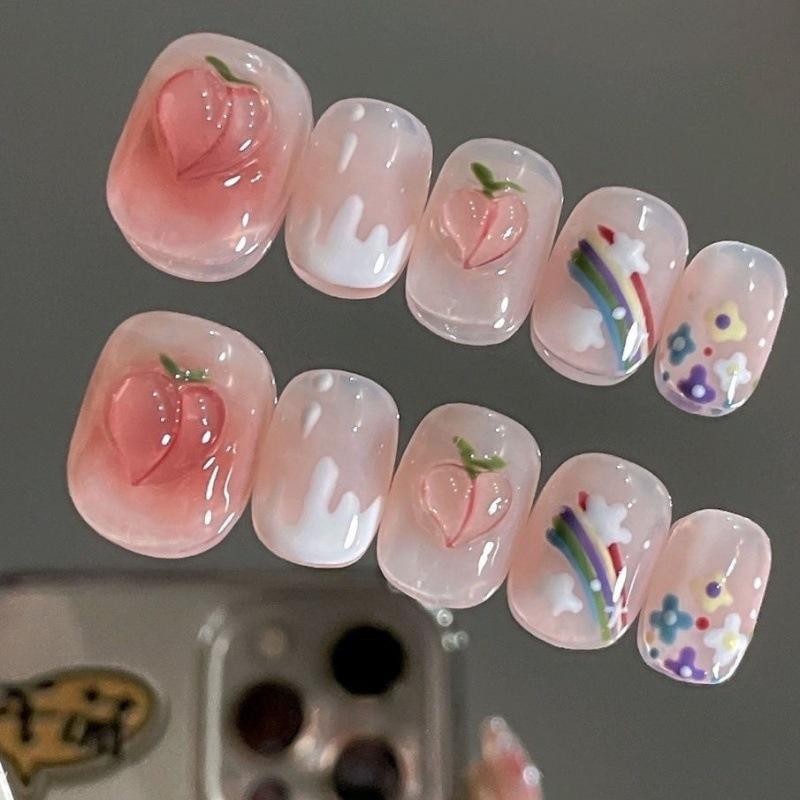 And Cute Naked Sweet Short Handmade Nail Art With Rainbow  Peach Flowers