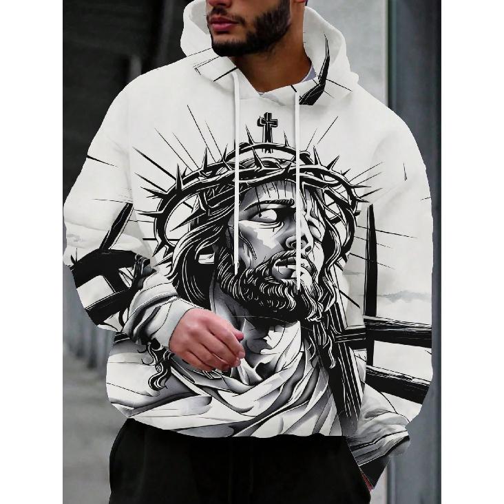 Men Streetwear Jesus Crown of Thorns Cross Print Hoodie Rich Art Graphic Loose Drawstring Pullover Sweatshirt