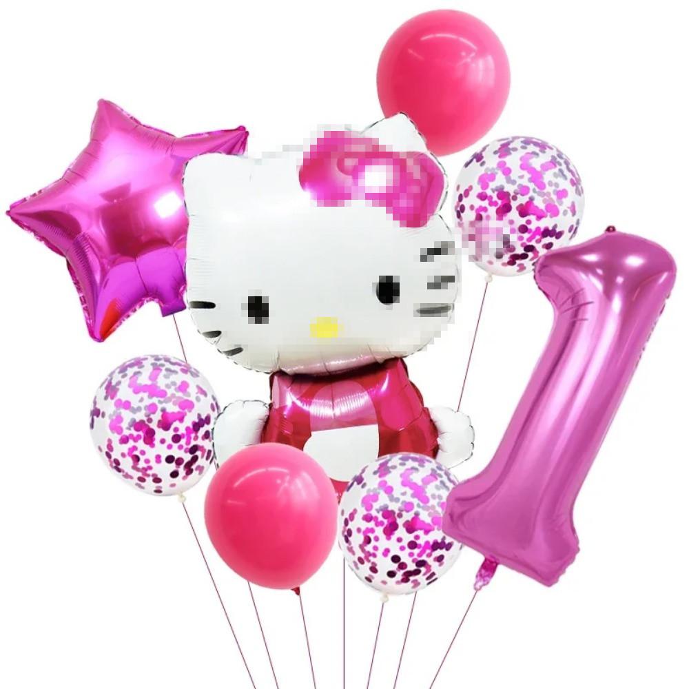 Cartoon Cat Pink Purple Rose Red Digital Bow Aluminum Film Balloon Baby Birthday Background Decoration Party