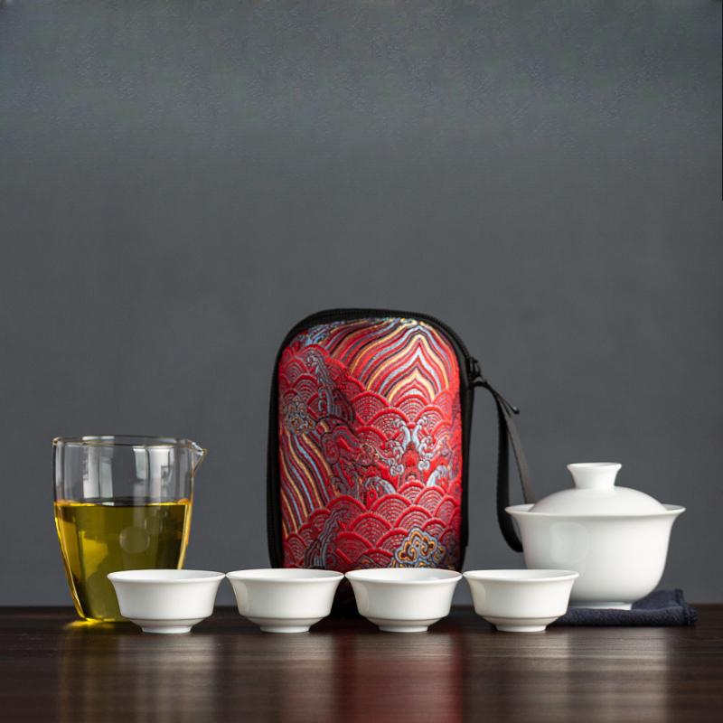 Dehua White Porcelain Travel Tea Set Outdoor Travel Portable Glass Quick Cup Cover Bowl Small Three Cups