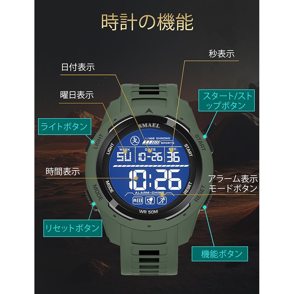 Maeau Digital Sports Watch Waterproof Men's Outdoor Multi-Function Date Alarm Timer Green