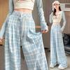 Korean Style Lace Trim Loose Wide Leg Pants for Women Spring/Summer Blue Plaid Long Pants Lazy Slim Casual Pants