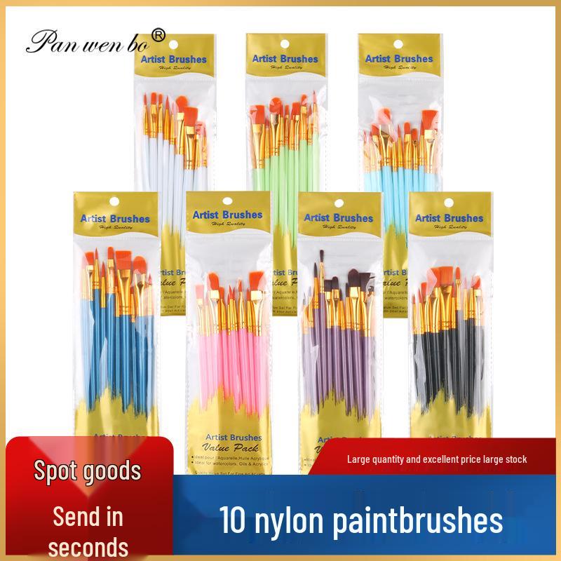 10-Piece Plastic Handle Oil Paint Brush Set for Students