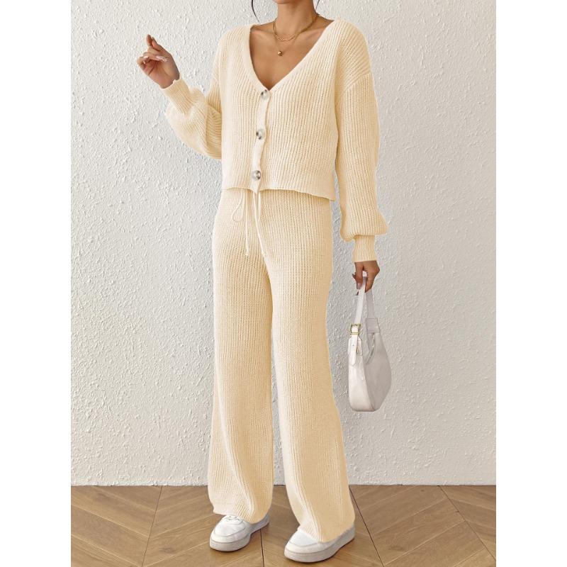 Women S Two Piece Set Long Sleeve Open Front Cardigan Wide Leg Pants Solid Color