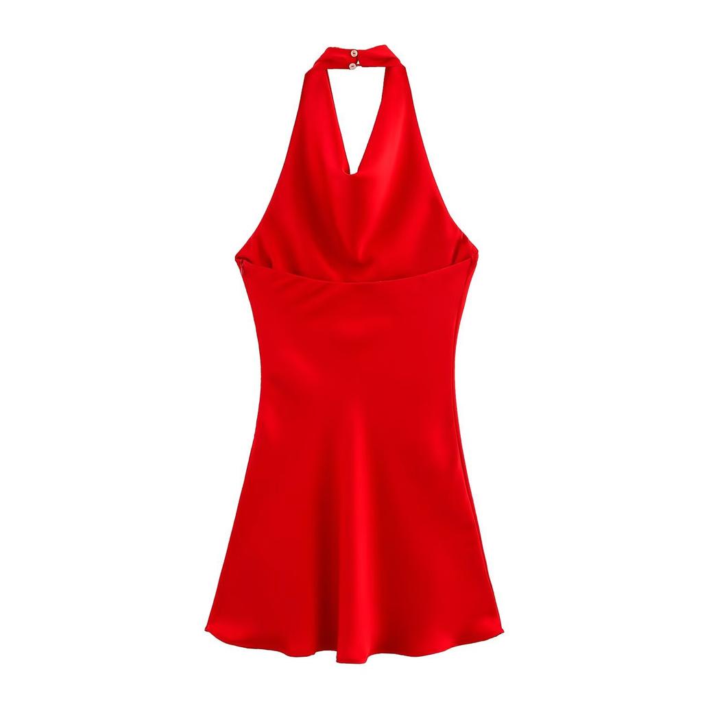Damen Halter Hals Ärmellos Midi Kleid Elegant Einfarbig Cocktail Party Kleid Lässig Ausgeh Kleid