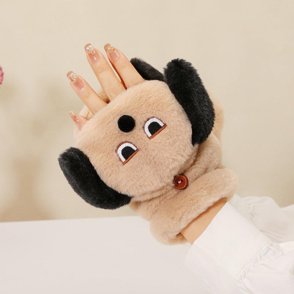 Dog Cartoon Plush Mittens Thickened Flip Cover Plush Gloves All-Match Half Finger Gloves  Winter