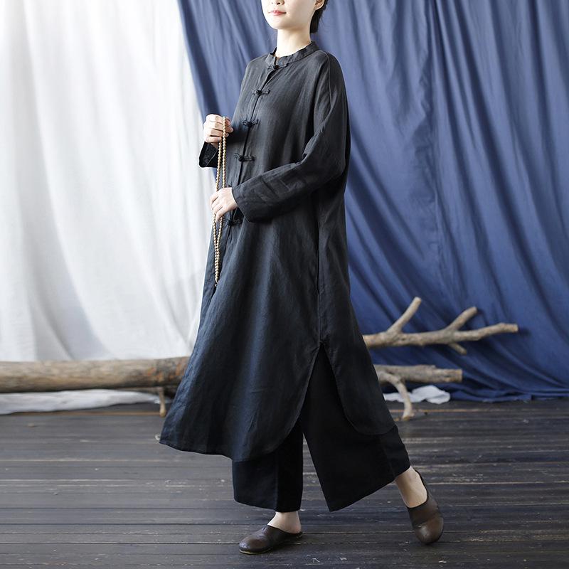 

Xi Mo Women s Retro Linen Stand-Collar Cardigan Dress One Size чёрный