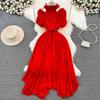 Frauen Süße Stehkragen Off Schulter Plissee Taille Schlank A-linie Elegante Lange Kleid Mode Frühling Herbst