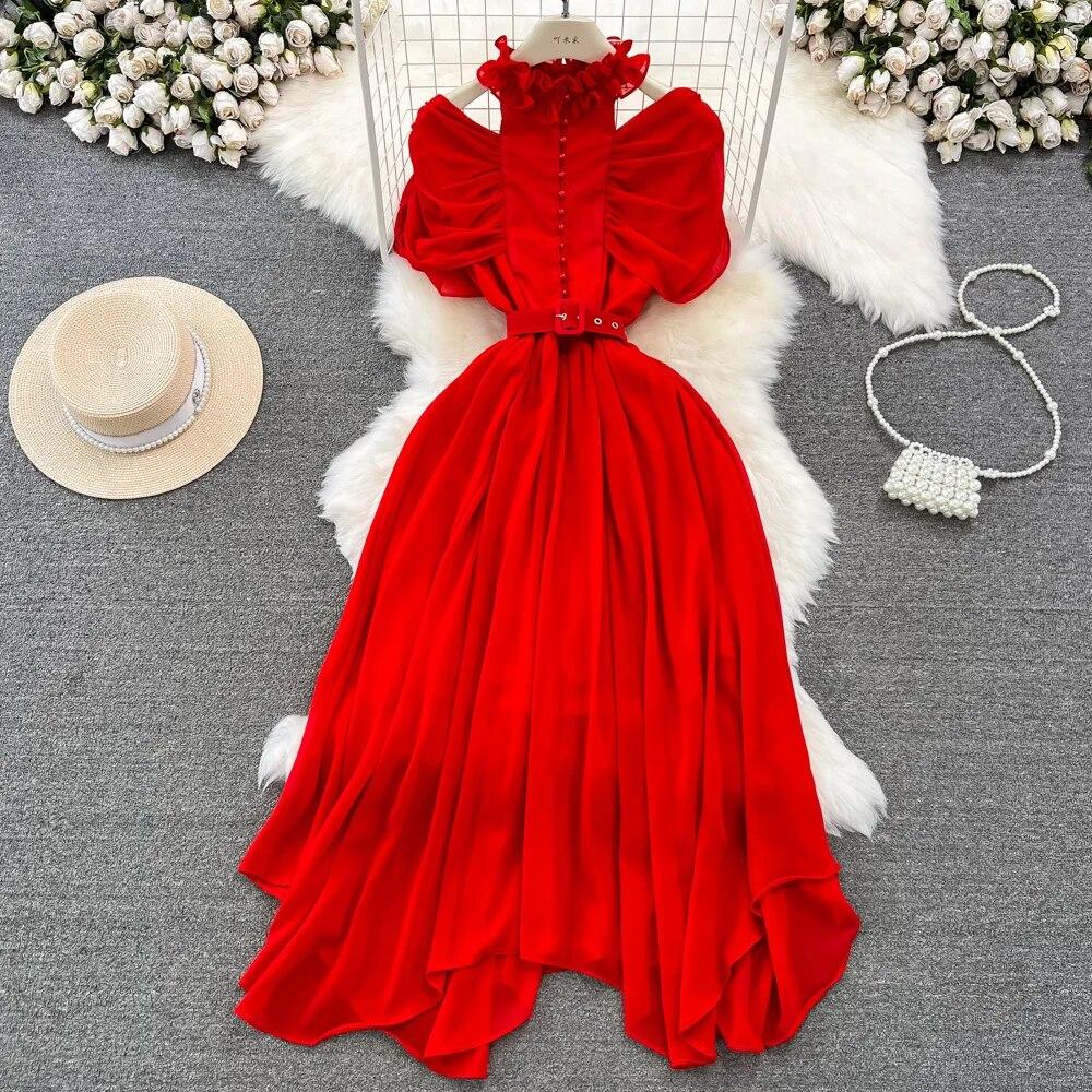 Frauen Süße Stehkragen Off Schulter Plissee Taille Schlank A-linie Elegante Lange Kleid Mode Frühling Herbst