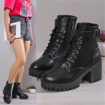 Large Size Medium Heel Round Head Lace-up Martin Boots Autumn and Winter New Side Zipper Versatile Women's Boots