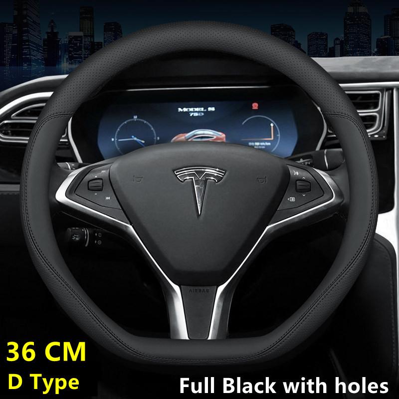 Steering Wheel Cover For Tesla Model 3 Y S X Nappa Leather 4 Seasons 36-39 CM Diameter Black Car Interior Accessories 2017-2024