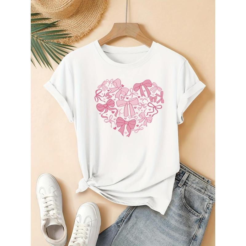 

European Size Pink Bowknot T-Shirt - Summer Short Sleeve Round Neck Blouse with Heart & Bow Top, Casual Korean Style Outfit S белый