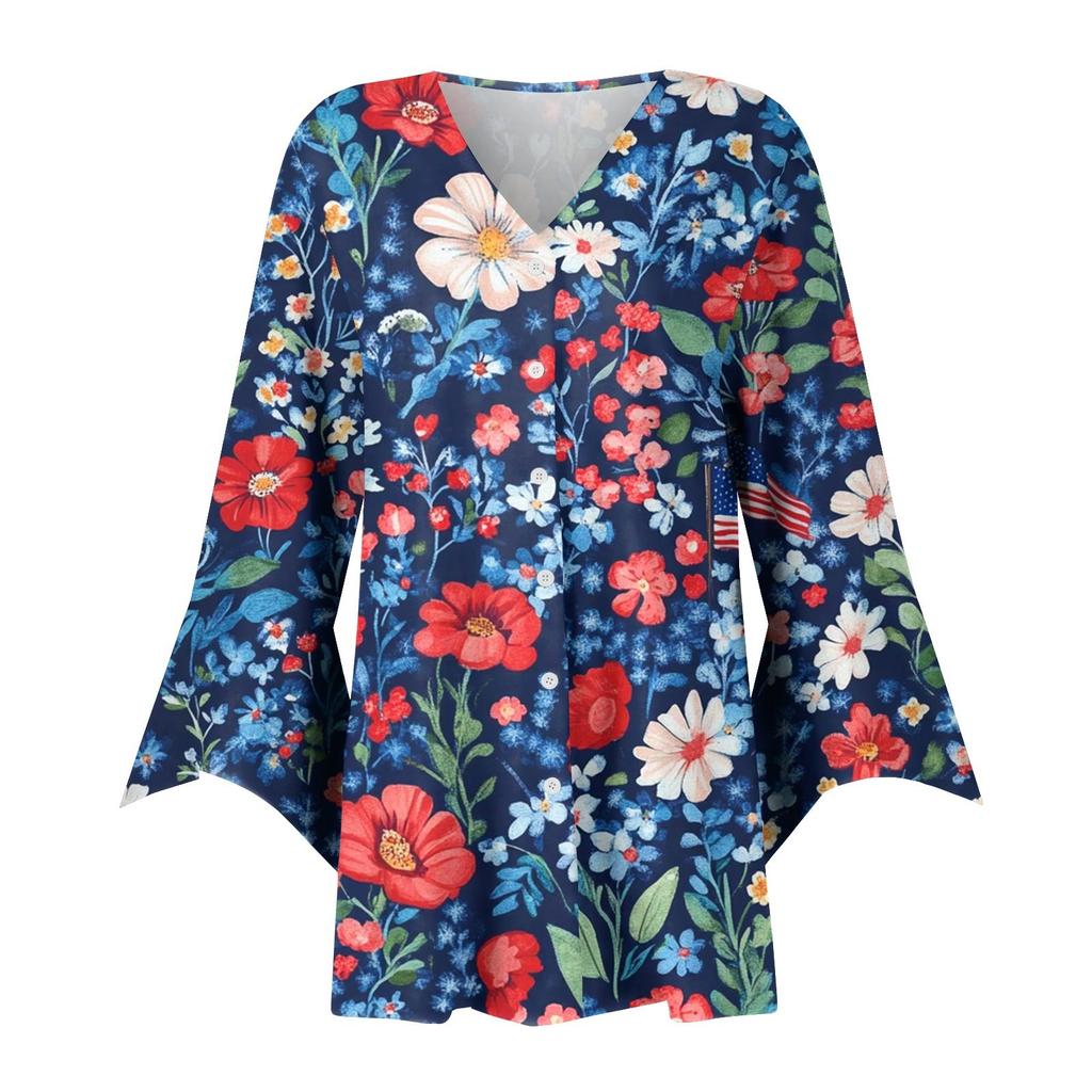 Women's Loose Casual Independence Day Printed Seven Sleeve Button Down Shirt Cardigan Top